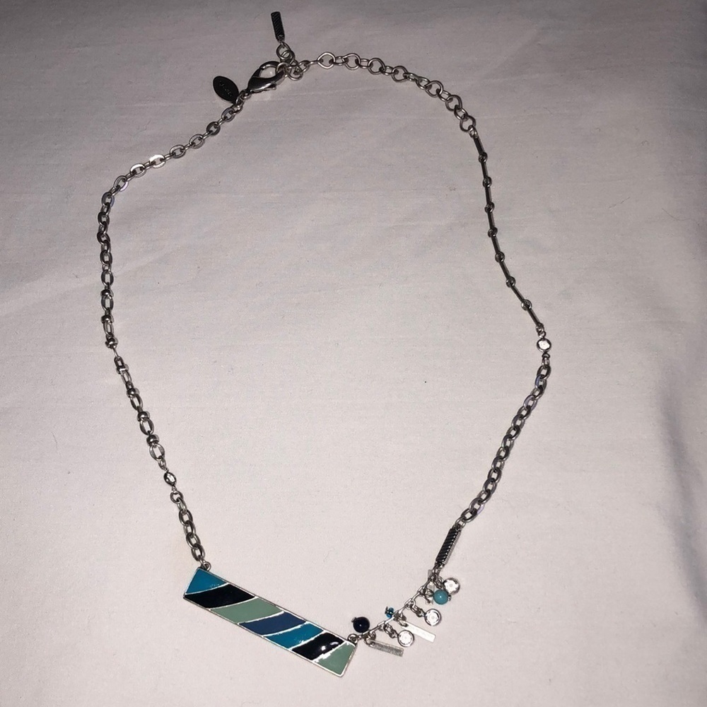 Chicos Blue Striped Bar Necklace Silver Tone